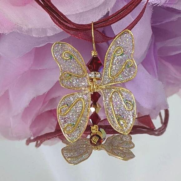 Artisan Whimsical Winged Butterfly Pendant Swarovski Red Gold Crystal Necklace - Picture 7 of 12